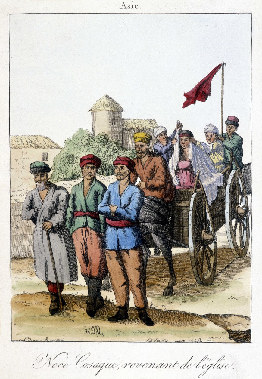 Deska z roku 1811 zobrazující skupinu kozáků vracejících se z kostela po svatbě. od Unknown artist