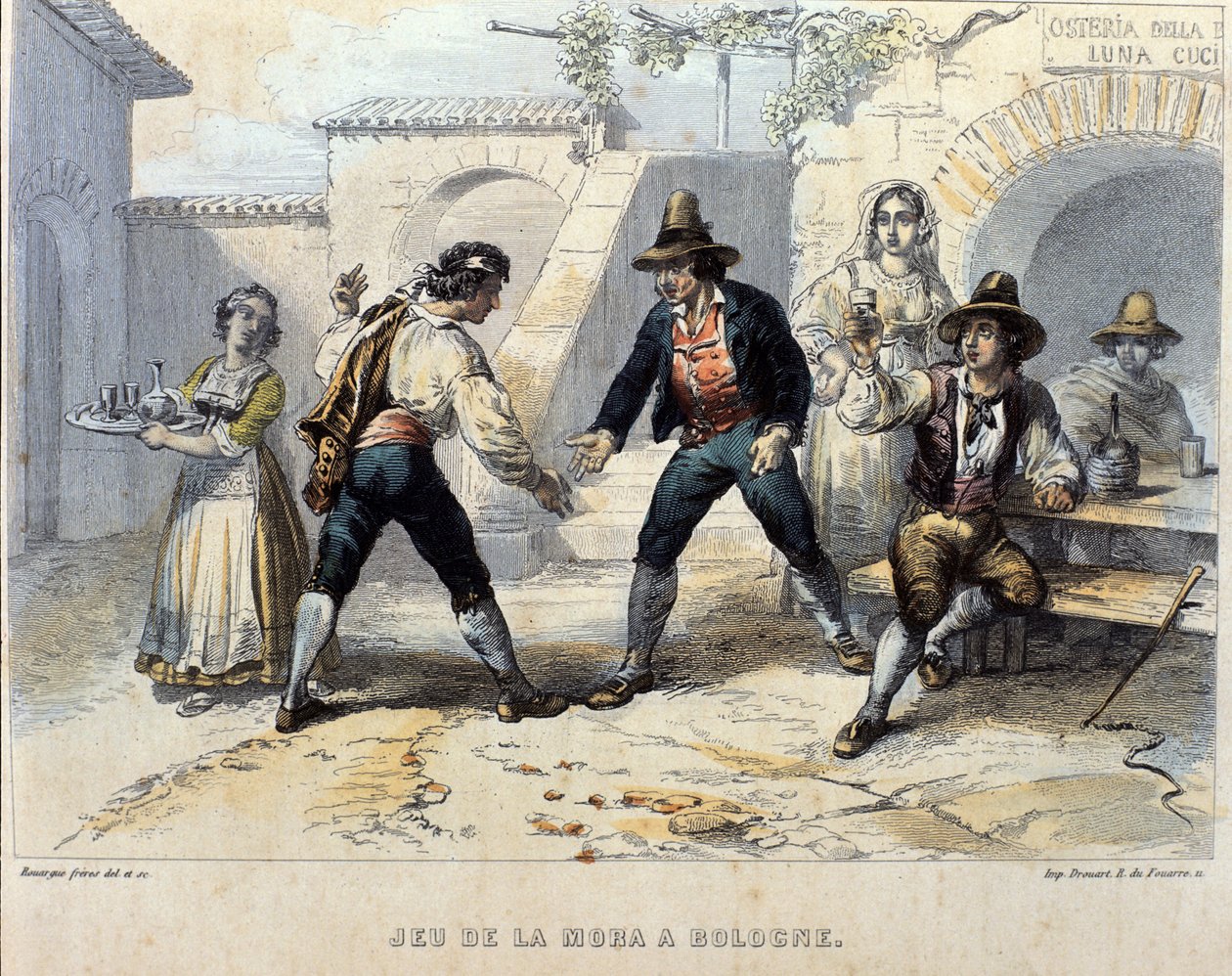 Hráči zemře (morra), italská hra v osterii (hostinec) v Bologni. Počátek 19. stol od Unknown artist