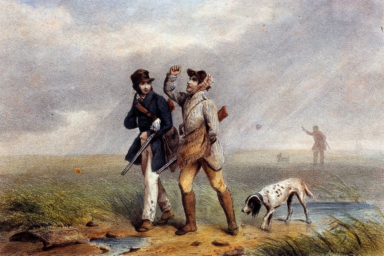 Příjemná lovecká zvěř dva lovci mluví. Litografie Gien z 19. století, lovecké muzeum od Unknown artist