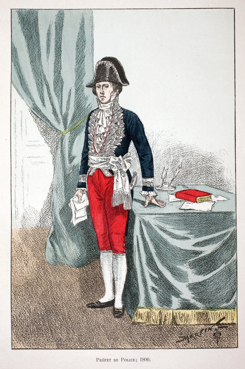 Policejní prefekt (1800). Barevný lept, pro ilustraci Kniha „Historie sboru mírových sil“““ vydaná pod záštitou Louise Lepinea (1846-1933), prefekta policie na Seině, od Alfreda Reye (1864-?) a Louise Ferona (1862 -?), edi od Unknown artist