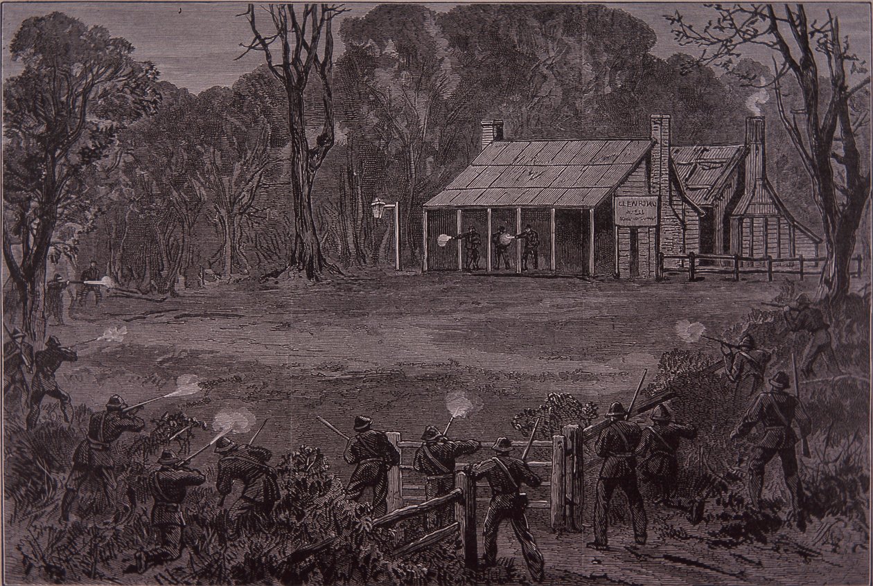 Policie zahájila palbu na Kelly Gang v hotelu Glenrowan, 28. června 1880 (rytina) od Unknown artist