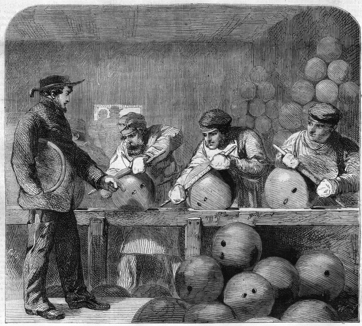 Leštící dílna slévárny bomb ve Woolwich Arsenal, předměstí Londýna, Anglie. Gravírování do „“The Illustrious Universe““ od Unknown artist