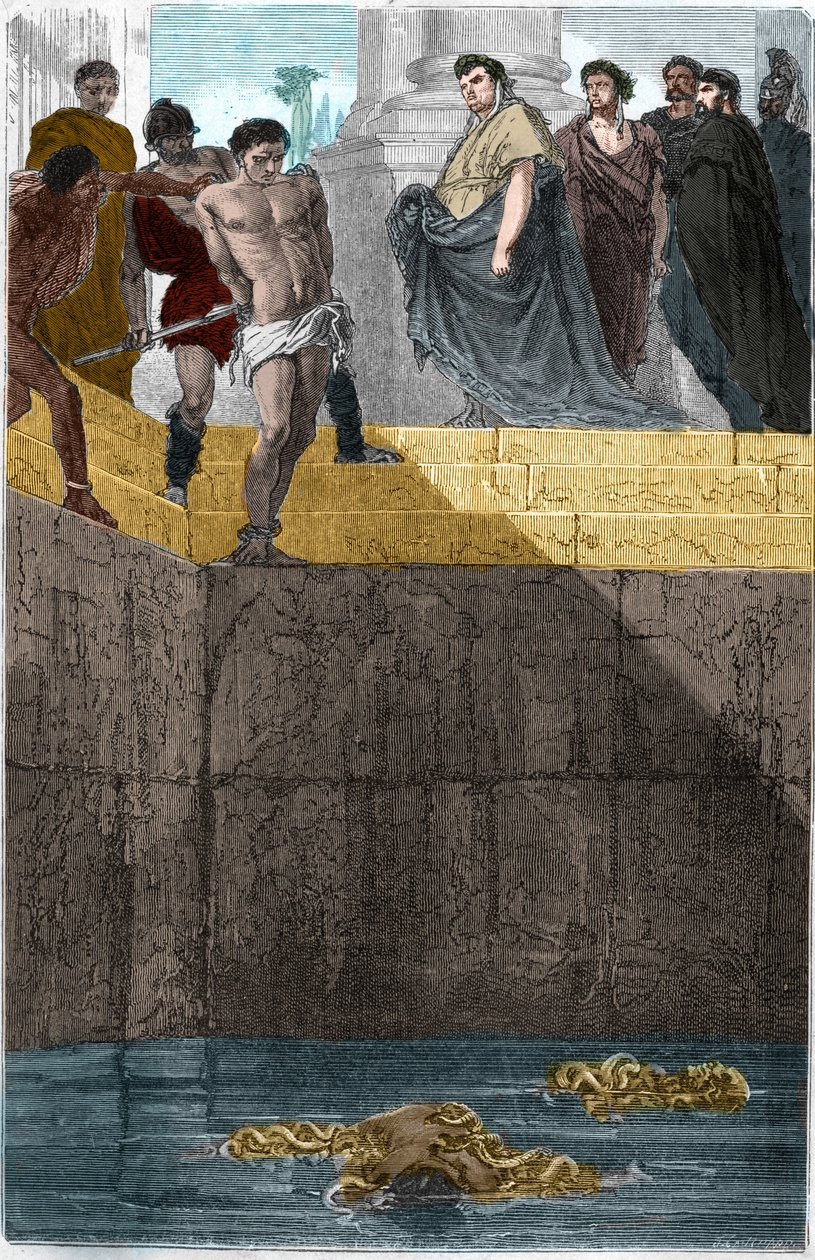 Pollion Vedius, římský gastronom, známý svou krutostí vůči svým otrokům. Aby je chytil, hodil je živé svým murenes. Jednoho dne Augustus (Caius Octavius Thurinus) jedl u něj doma, a tak vytvořil otrokářskou sraženinu, provinil se rozbitím cucáku. od Unknown artist