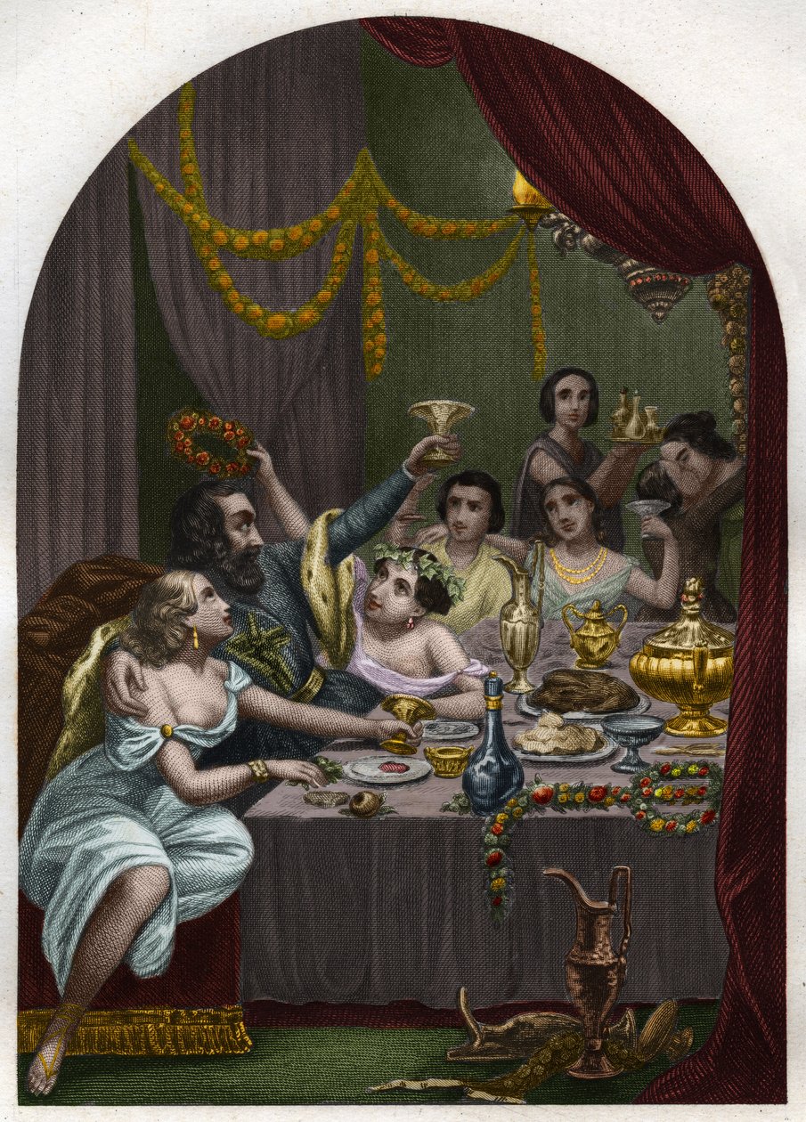 Papež Alexander VI (1431-1503) (Alessandro, Rodrigo Borgia) Rodrigue Borgia slaví ve Vatikánu sňatek své dcery Lucrece Borgia (Lucrezia) s 50 kurtizánami. Rytina z roku 1842 v „Histoire des Popes: zločiny, vraždy, otravy, parrici od Unknown artist