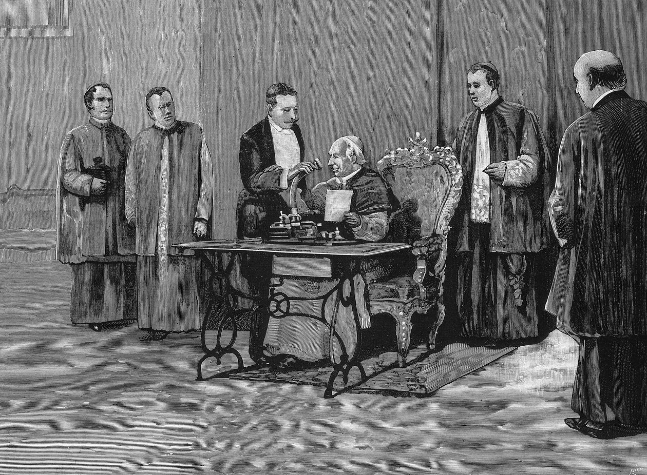 Papež Leon XIII (1810-1903) posílá své poselství o jubileu, zaznamenané fonografem, americkému lidu. Rytina 19. století. od Unknown artist