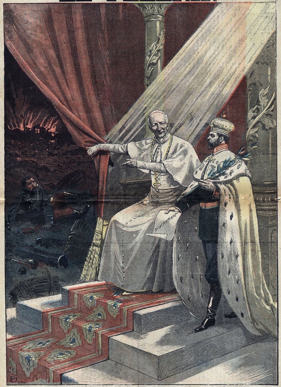 Papež Leon XIII (1810-1903) ukazuje ruskému caru Nicholasi II (1868-1918) hrůzy války. Ten pak navrhne odzbrojení. Ilustrace v „“Le Pelerin““ z 11. září od Unknown artist