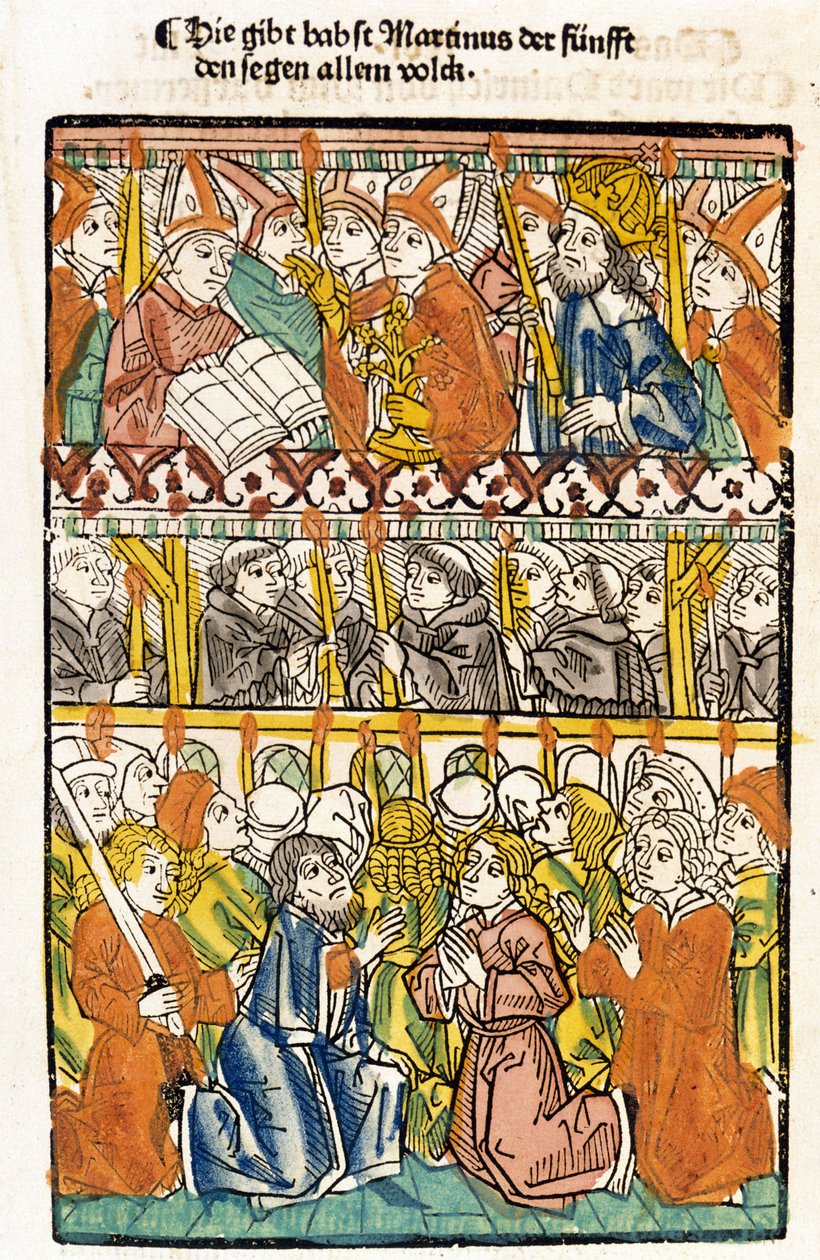 Papež Martin V. (1368 - 1431) zvolený na koncilu v Kostnici (1417) ukončením velkého schizmatu Západu provádí požehnání. "Das concilium" od Unknown artist