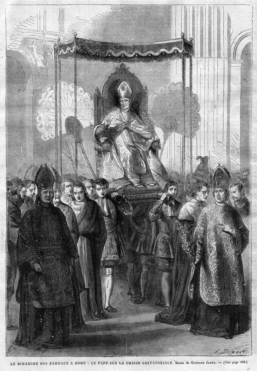 Papež Pius IX. (1835-1914) na sedia gestatoria - Květná neděle v Římě: Papež Pius IX. (Pius Pio 9) na gestorském křesle - kresba Gustava Janeta - Ilustrativní deník z roku 1868 od Unknown artist