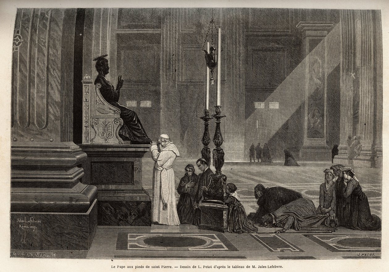 Papež Pius IX (pio 9) (1792-1878) shromážděný u paty sochy svatého Petra, u vchodu do baziliky, ve Vatikánu. Rytina k ilustraci římského příběhu od Francise Weye, v letech 1864-1868, publikovaná v „“ le tour du monde“, editoval D