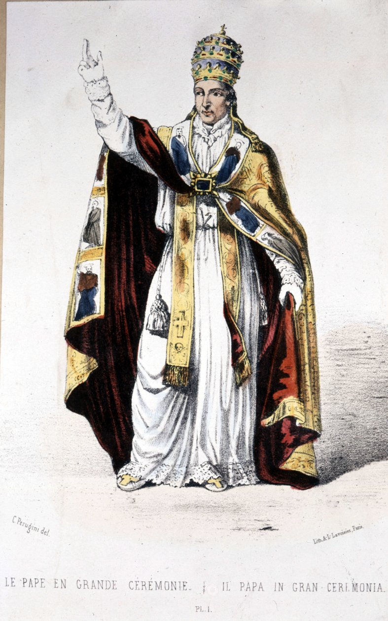 Papež Pius IX. ve skvělých slavnostních šatech - rytina od Unknown artist