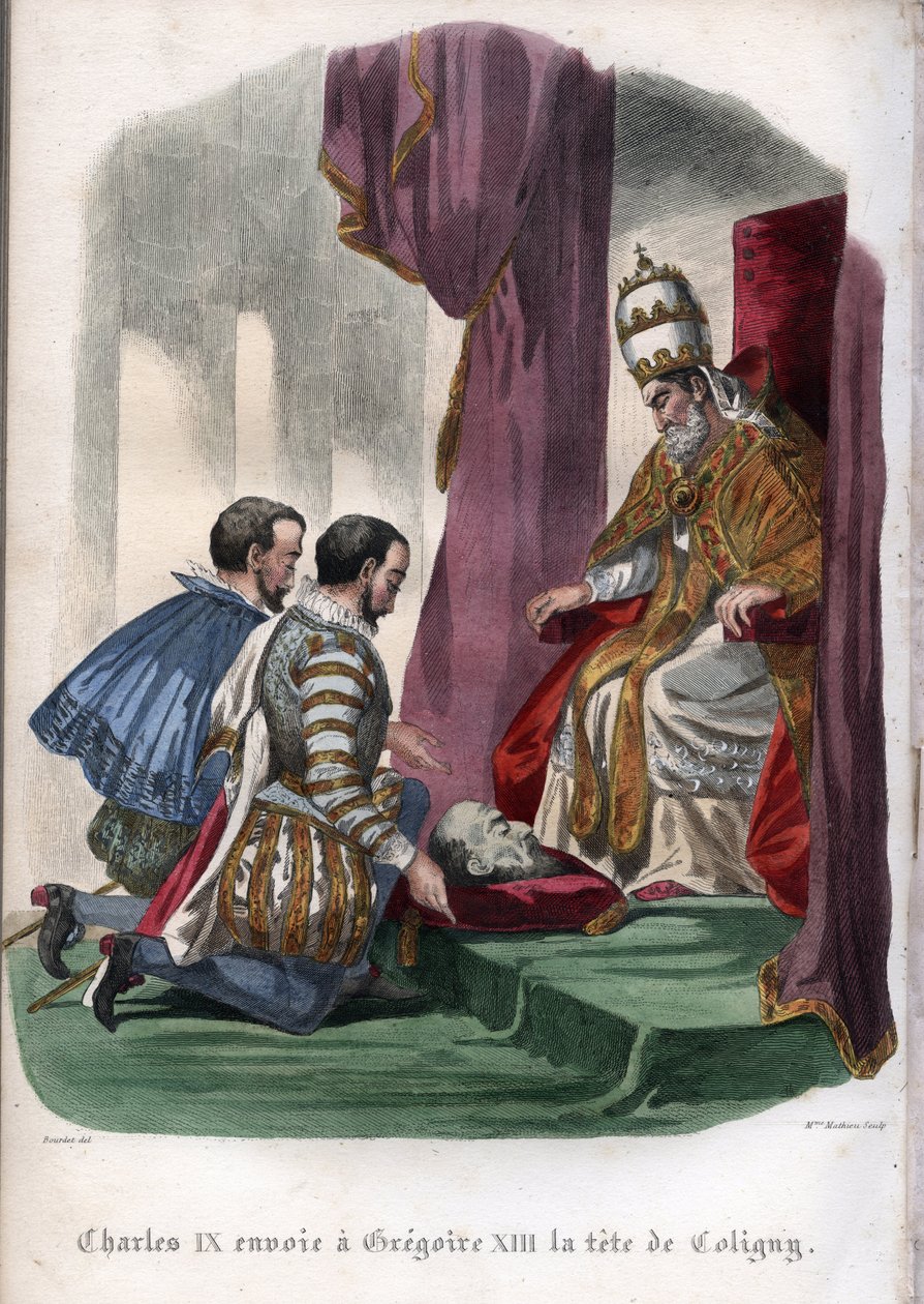 Papež Řehoř XIII. (1502-1585) přijímá hlavu Gasparda de Coligny (1519-1572), zavražděného při masakru na svatého Bartoloměje v roce 1572, jako dar od francouzského krále Karla IX. (1550-1574). od Unknown artist
