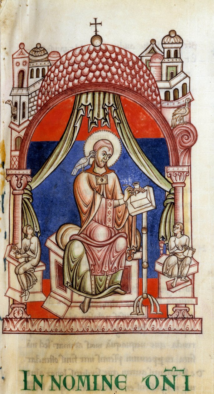 Papež sv. Řehoř I. Veliký (540-604) obklopený dvěma sekretáři. Je napsán jako zástupce s holubicí na rameni, symbolem Ducha svatého (Ducha svatého). Miniatura dopisů Saint Gregoire od Unknown artist
