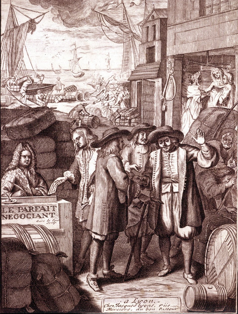 Obchodníci v přístavu spolu mluví. 19. století rytina. od Unknown artist