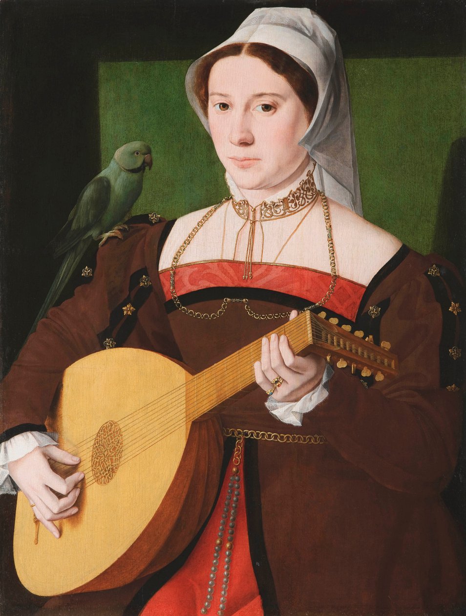 "Portrét ženy hrající na loutnu, s papouškem na rameni" Anonymní obraz cca 1540 Olej na dřevě, 70x55 - Fondation Custodia od Unknown artist
