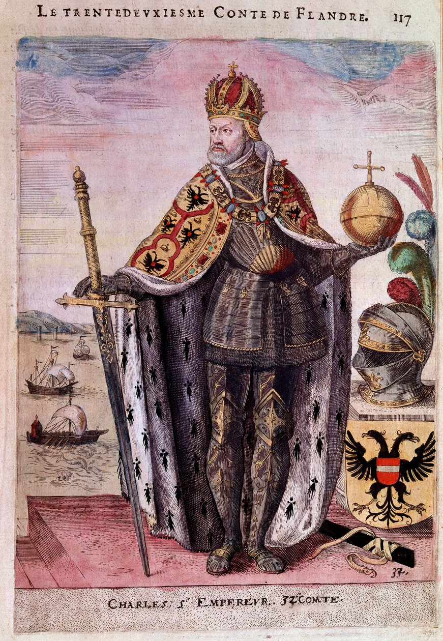 Portrét na nohou Karla V. (1500-1558) ve třiceti sekundách hraběte z Flander Rytina 16. století Paříž, B.N. od Unknown artist