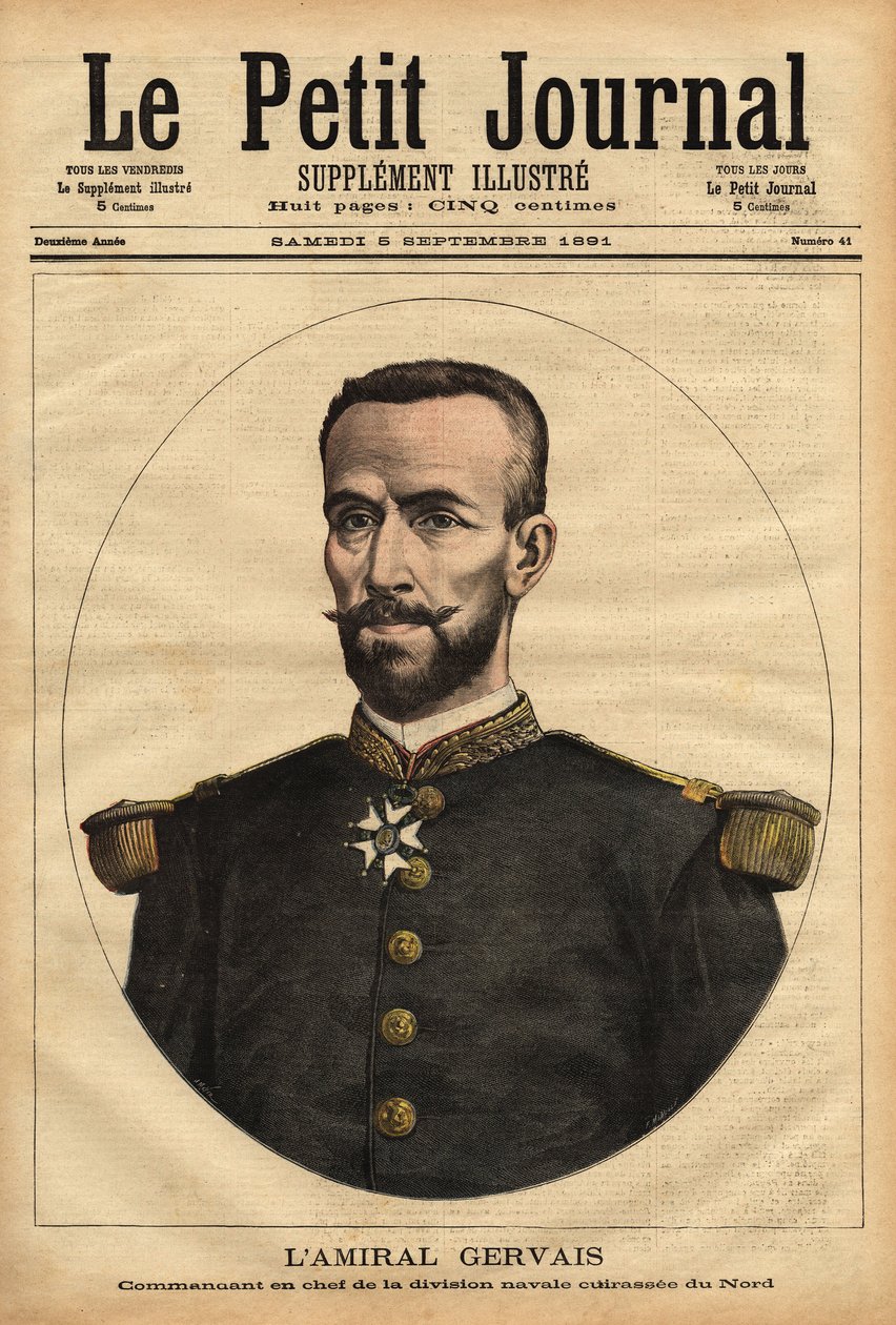 Portrét admirála Gervaise (1837-1921), vrchního velitele námořní divize Sever. Rytina v „“ Le petit journal“ 5/09/1891. Selva sbírka. od Unknown artist