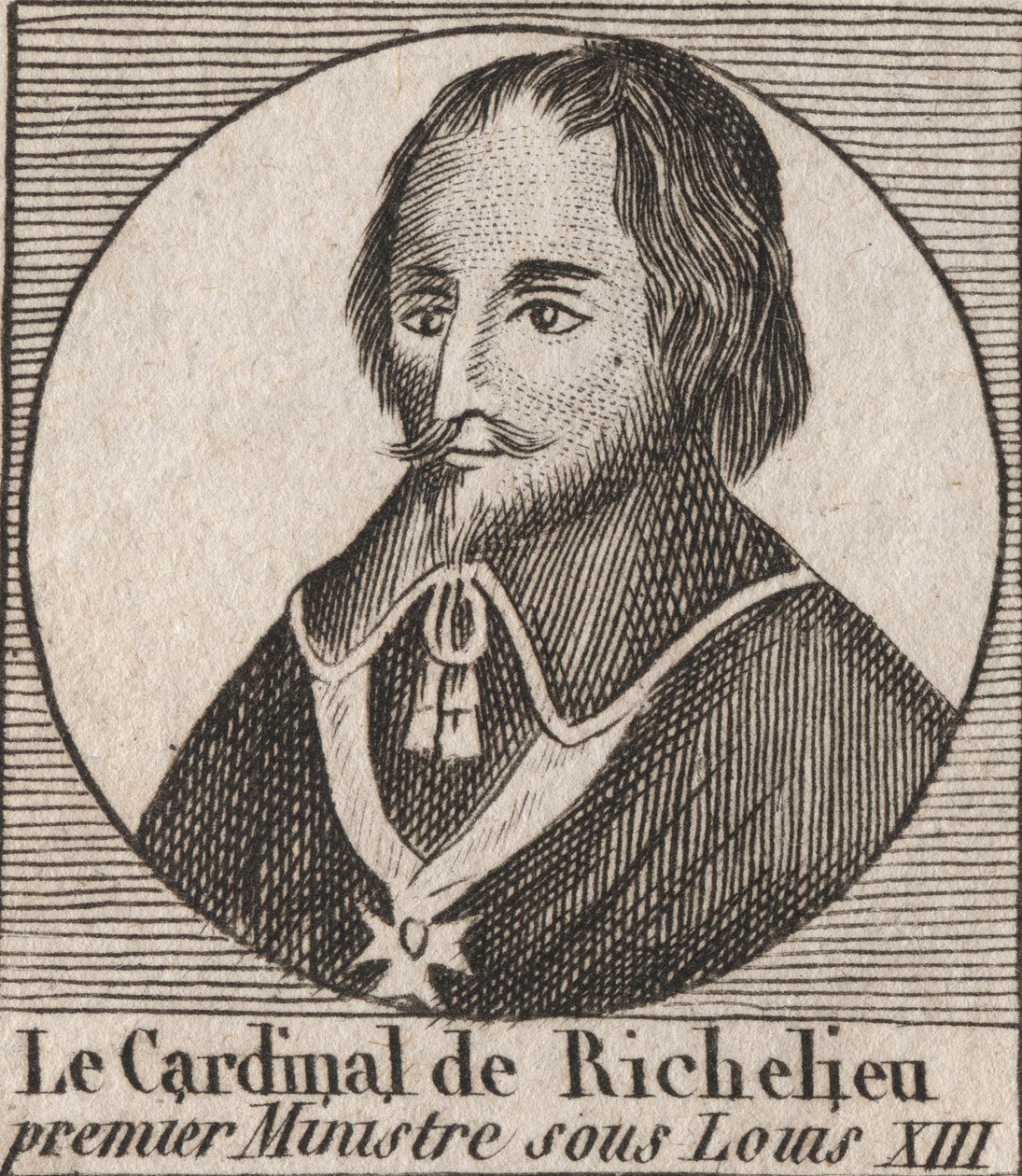 Portrét Armanda Jeana du Plessis de Richelieu (1585-1642), kardinála vévody z Richelieu, hlavního ministra krále Ludvíka XIII. - Cardinal Richelieu, hlavního ministra krále Ludvíka XIII v letech 1624 až 1642 - rytina z „Instruction sur l