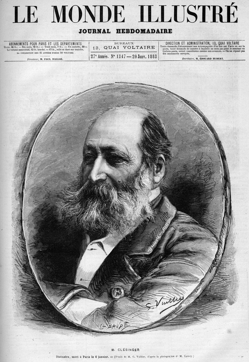 Portrét Auguste Clesingera (1814-1883), francouzského sochaře a malíře. Rytina v „“Le Monde illustrious”” 1883. Soukromá sbírka. od Unknown artist