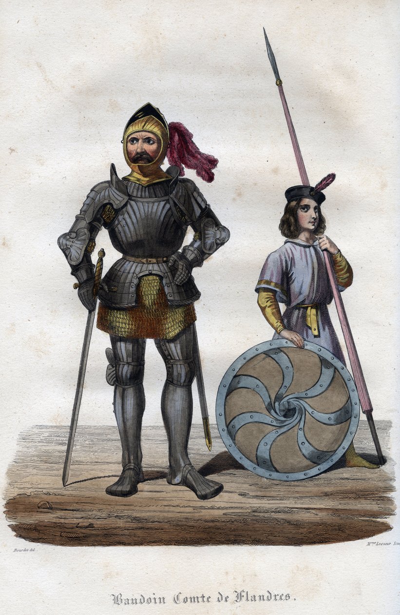 Portrét Baldwina I., hraběte z Flander (830-879), známého také jako Baldwin Iron Arm. (Baudouin I, hrabě z Flander, také známý jako Železné podprsenky nebo Dobrý). Rytina z roku 1842 v „Histoire des Popes““ od Maurice Lachatre. Soukromá sbírka. od Unknown artist