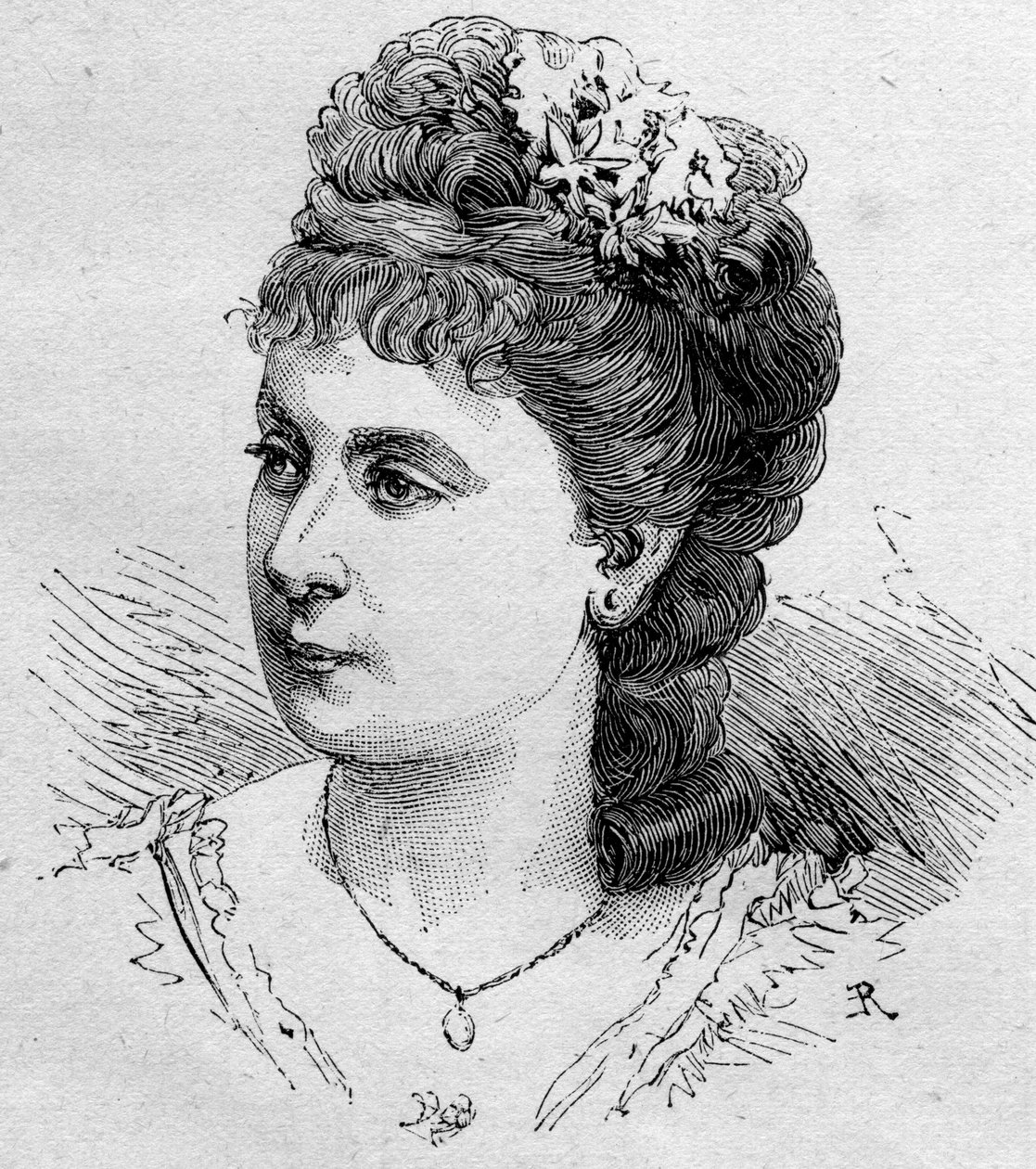 Portrét Blanche Beretty (Beretta) (nar. 1855), francouzské komičky, členky Comedie Francaise v letech 1875 až 1901. Rytina v „“ Le Monde Illustré““ n¡1168 ze 16. srpna 1879. od Unknown artist