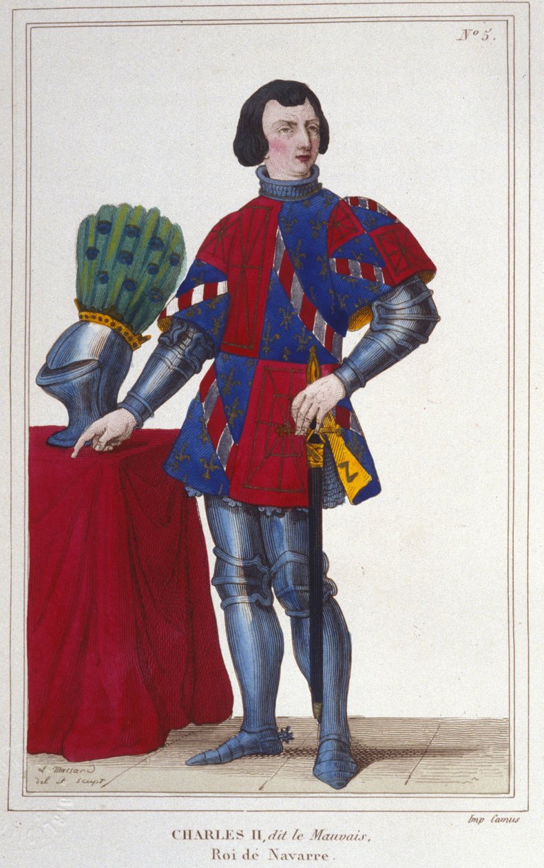 Portrét Karla II. Zlého (1332 - 1387). Navarrský král - Španělsko v letech 1349 až 1387. Rytina z roku 1830 od Unknown artist