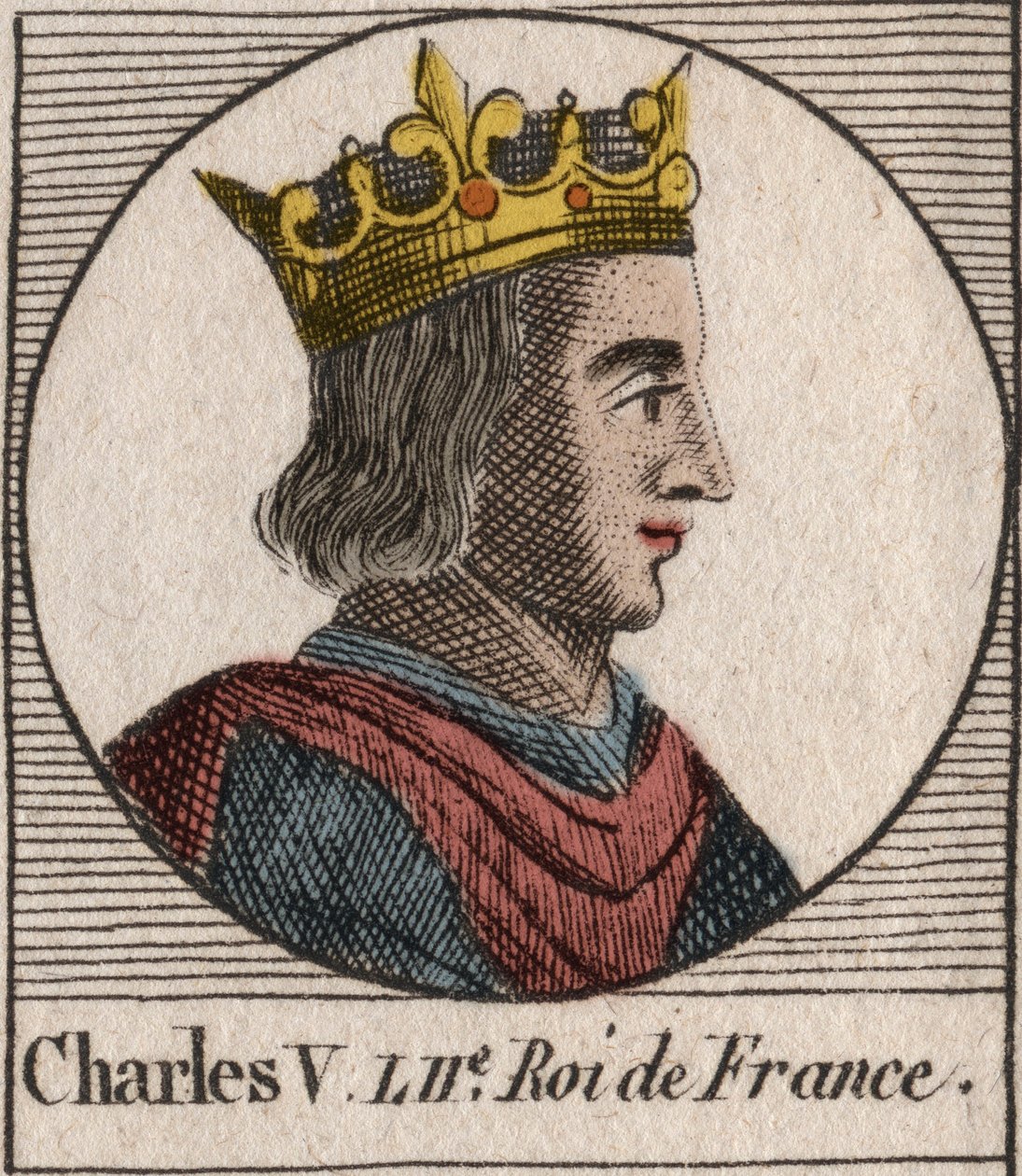 Portrét Karla V. mudrce (1338 - 1380) - Karel V. moudrý nebo Karel V. mudrc, francouzský král z rodu Valois - rytina z „Instruction sur l