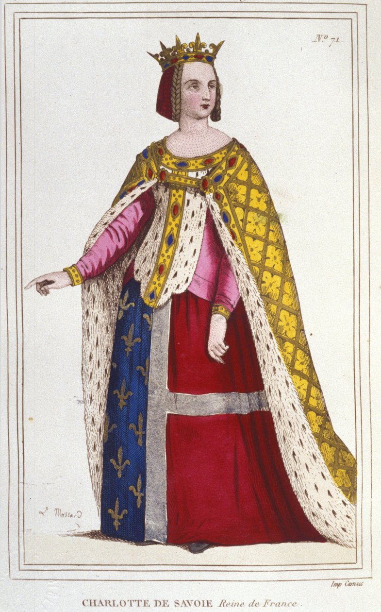 Portrét Charlotty de Savoy 1445 -1483 královny Francie v letech 1461 až 1483 Nevěsta Ludvíka XI (Le Prudent) v roce 1451, rytina z roku 1830 od Unknown artist