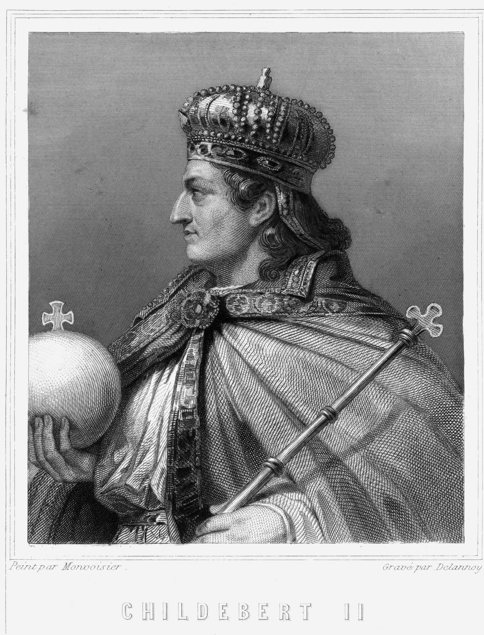 Portrét Childeberta II. (v. 570 - 596), krále Austrasie - v „Histoire des Français““ od Lavallée, rytina, sd. od Unknown artist