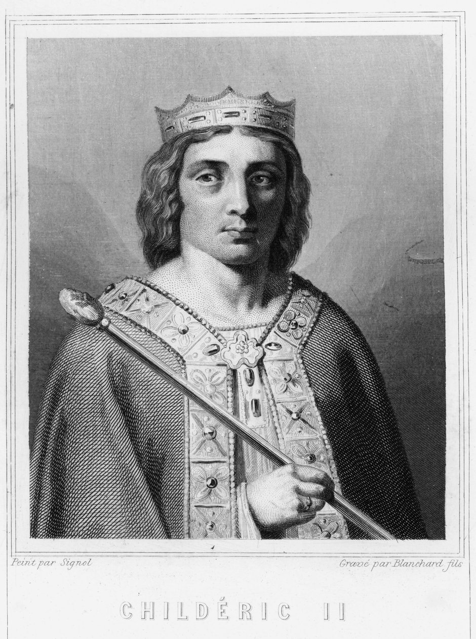 Portrét Childerika II. (v. 653 - 675), krále Austrasie - v „Histoire des Français““ od Lavallée, rytina, sd. od Unknown artist