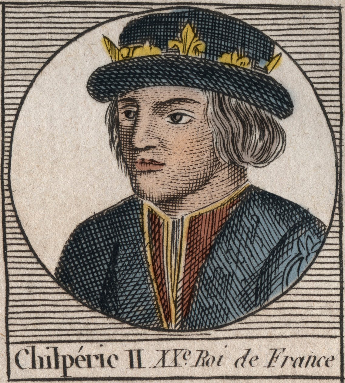 Portrét Chilperika II (asi 670 - 721), krále Neustrije - CHILPERIC II král Franků - rytina z „Instruction sur l
