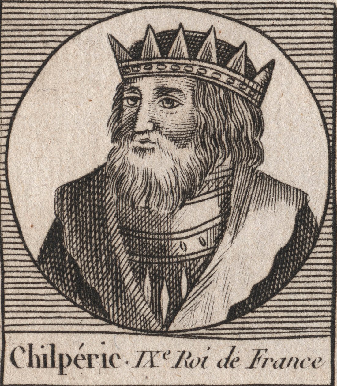 Portrét Chilperika I. (539 - 584), krále Neustrije - Chilperika I., francouzského krále Merovejců - rytina z „Instruction sur l