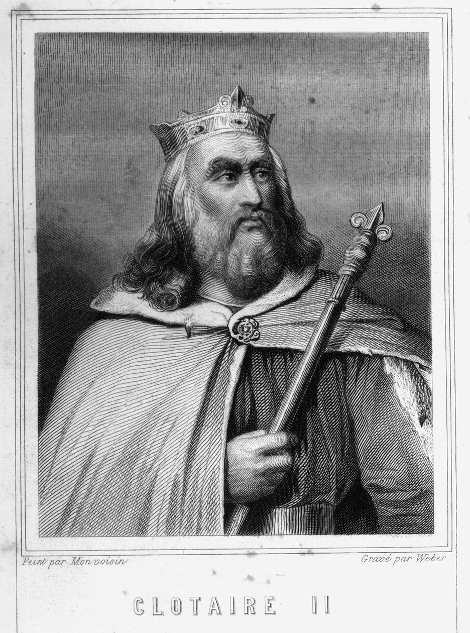 Portrét Clotaire (Clothaire) II (584 - 628), krále Neustrije a krále franků - v „Histoire des Français““ od Lavallée, rytina, sd. od Unknown artist