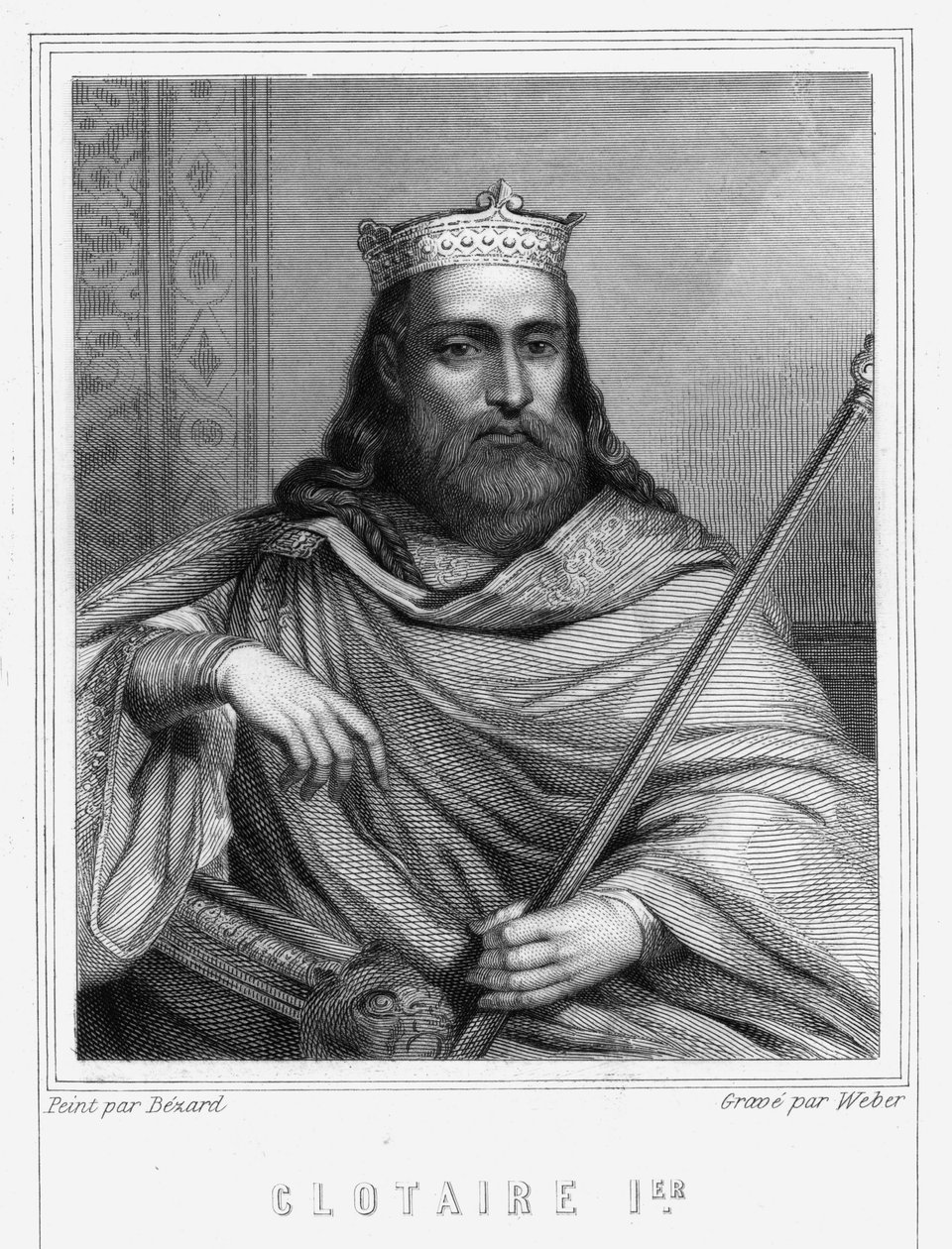 Portrét Clotaire (Clothaire) I (497 - 561), krále Neustrije a krále franků - v „Histoire des Français““ od Lavallée, rytina, sd. od Unknown artist