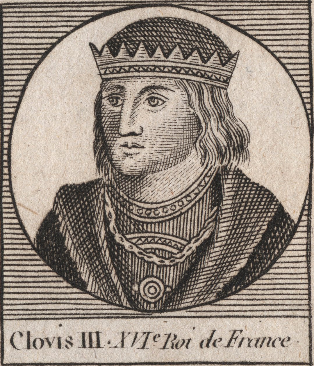 Portrét Clovise III., krále franků v letech 691 až 695 - CLOVIS III. Merovejský král Neustrije a Austrasie - rytina z „Instruction sur l