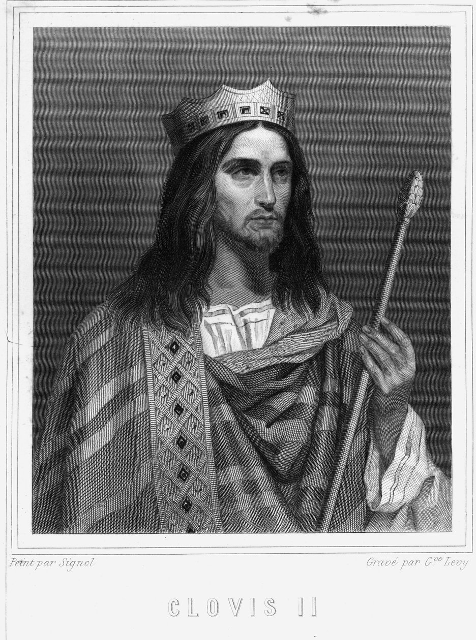 Portrét Chlodvíka II. (? - 657), krále Neustrie, Burgundska a Austrasie - v „“ Histoire des Français““ od Lavallée, rytina, sd. od Unknown artist