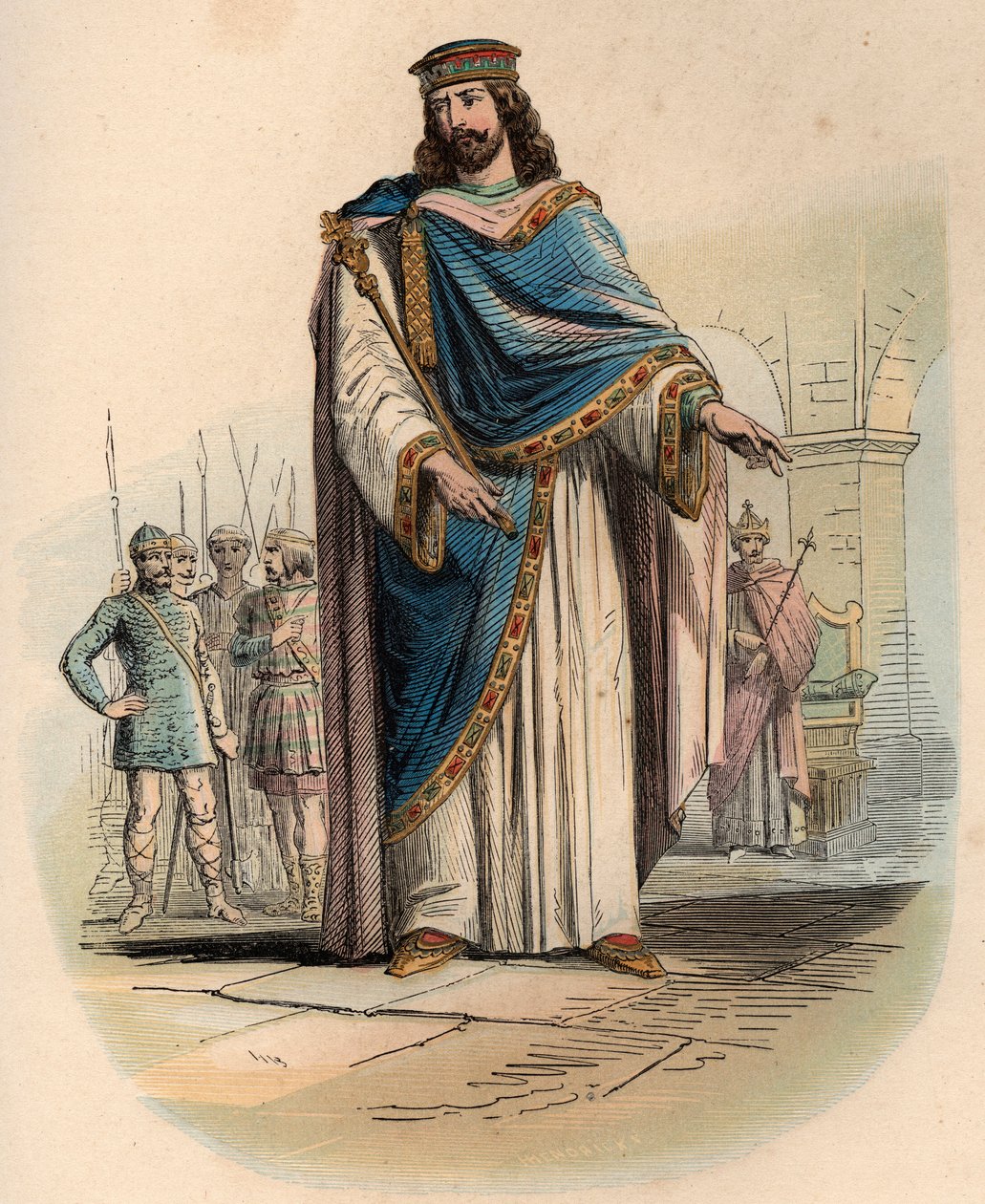 Portrét Chlodvíka I. (v. 466 - 511), krále Franků. Rytina z roku 1868 v „Histoire de Belgique od primitivních dob do konce vlády Leopolda I.““ od Theodora Justeho (1818-1888). Soukromá sbírka. od Unknown artist