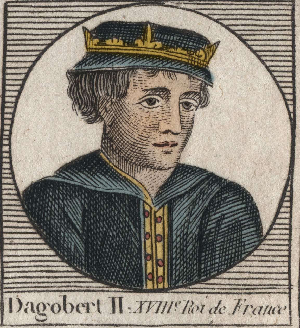 Portrét Dagoberta II., krále franků v letech 711 až 716 - Dagobert II. (676-679), král Austrasie - rytina z „Instruction sur l