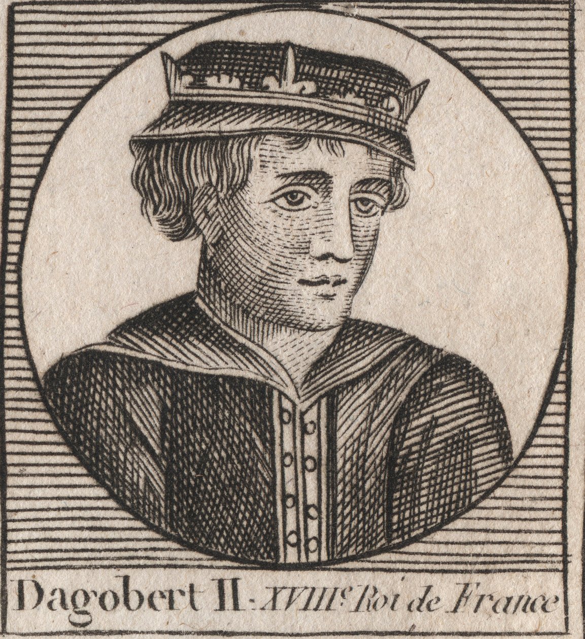 Portrét Dagoberta II., krále franků z roku 711a 716 - Dagobert II. (676-679), král Austrasie - rytina z „Instruction sur l