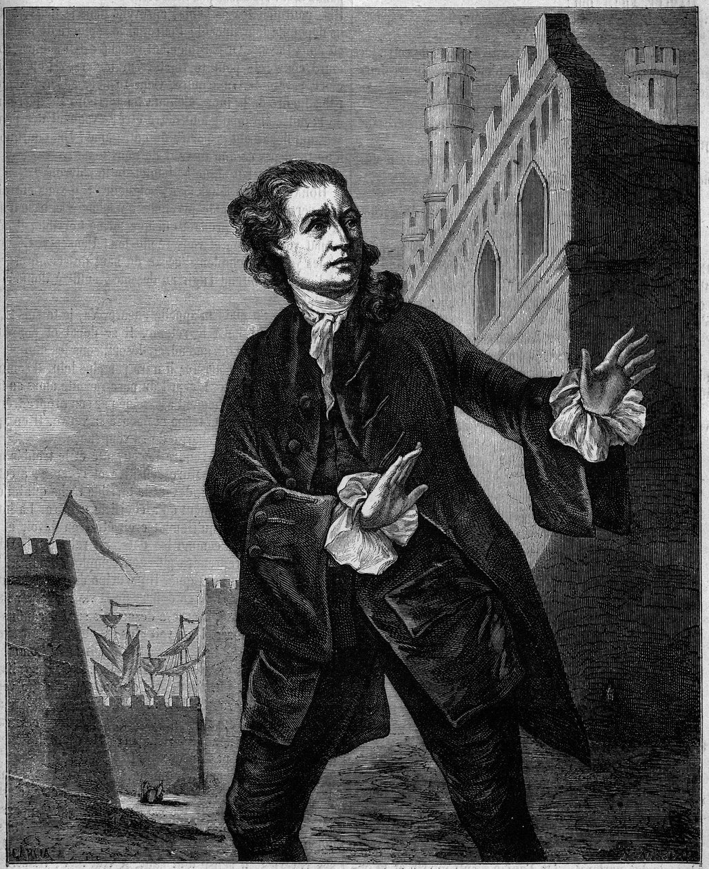 Portrét Davida Garricka (1717-1779), anglického komika, jako Shakespearova „Hamleta“. Rytina od Wilsona v „“Le Magasin malebném““ od Unknown artist