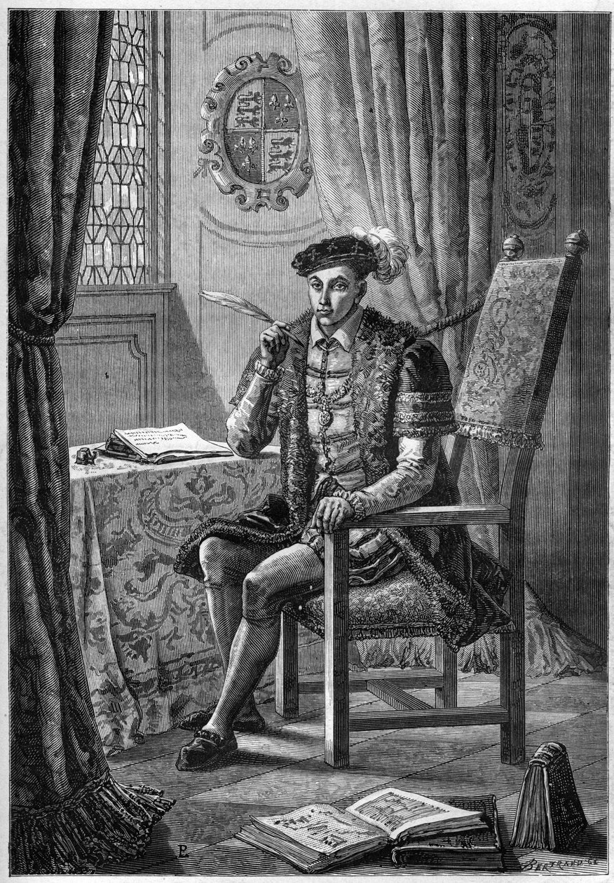Portrét Edwarda VI. (1537-53) - Portrét anglického a irského krále Edwarda VI. (1537-1553) píšícího si deník - rytina do „L