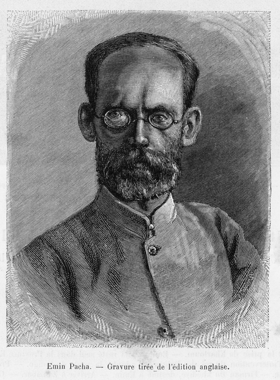 Portrét Emina Paši (Isaak Eduard Schnitzer 1840-1892), lékaře, přírodovědce, průzkumníka a guvernéra egyptské provincie Equatoria. Rytina, pro ilustraci příběhu Dans les shadbres de l