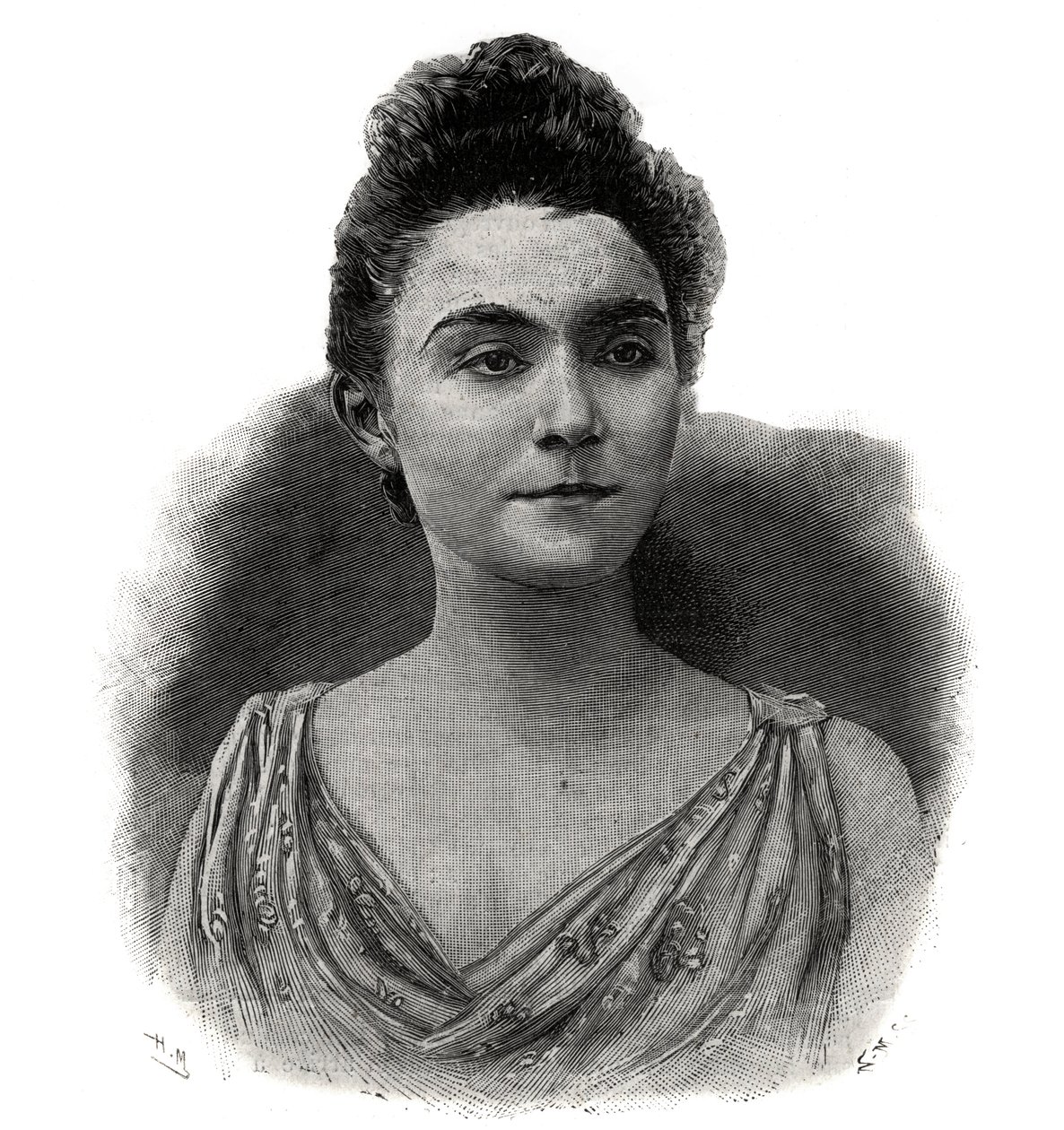 Portrét Emmy Laure Esther Guilbert, dit Yvette Guilbert (1865-1944) francouzská zpěvačka kávového koncertu - rytina z roku 1892 od Unknown artist