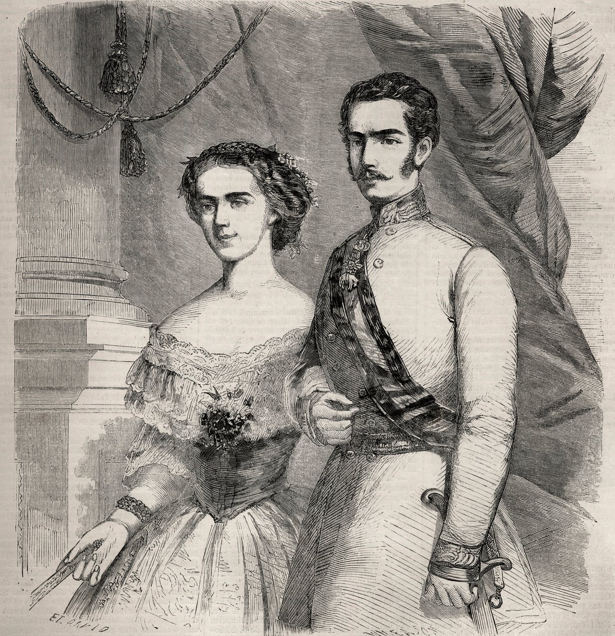 Portrét císaře Františka Josefa (František Josef) I. Rakouského (1830-1916) a jeho manželky Alžběty z Wittelsbachu (1837-1898) (sissi). Rytina v „Le Monde illustrious““ z roku 1857. Soukromá sbírka. od Unknown artist