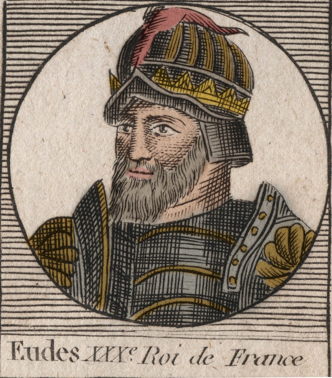 Portrét Eudes (Odona) (v. 860 - 898), hraběte z Paříže a Troyes, tehdejšího krále Francie - hrabě EUDES z Paříže zvolený na francouzský trůn po sesazení Karla císaře - rytina z „Instruction sur l