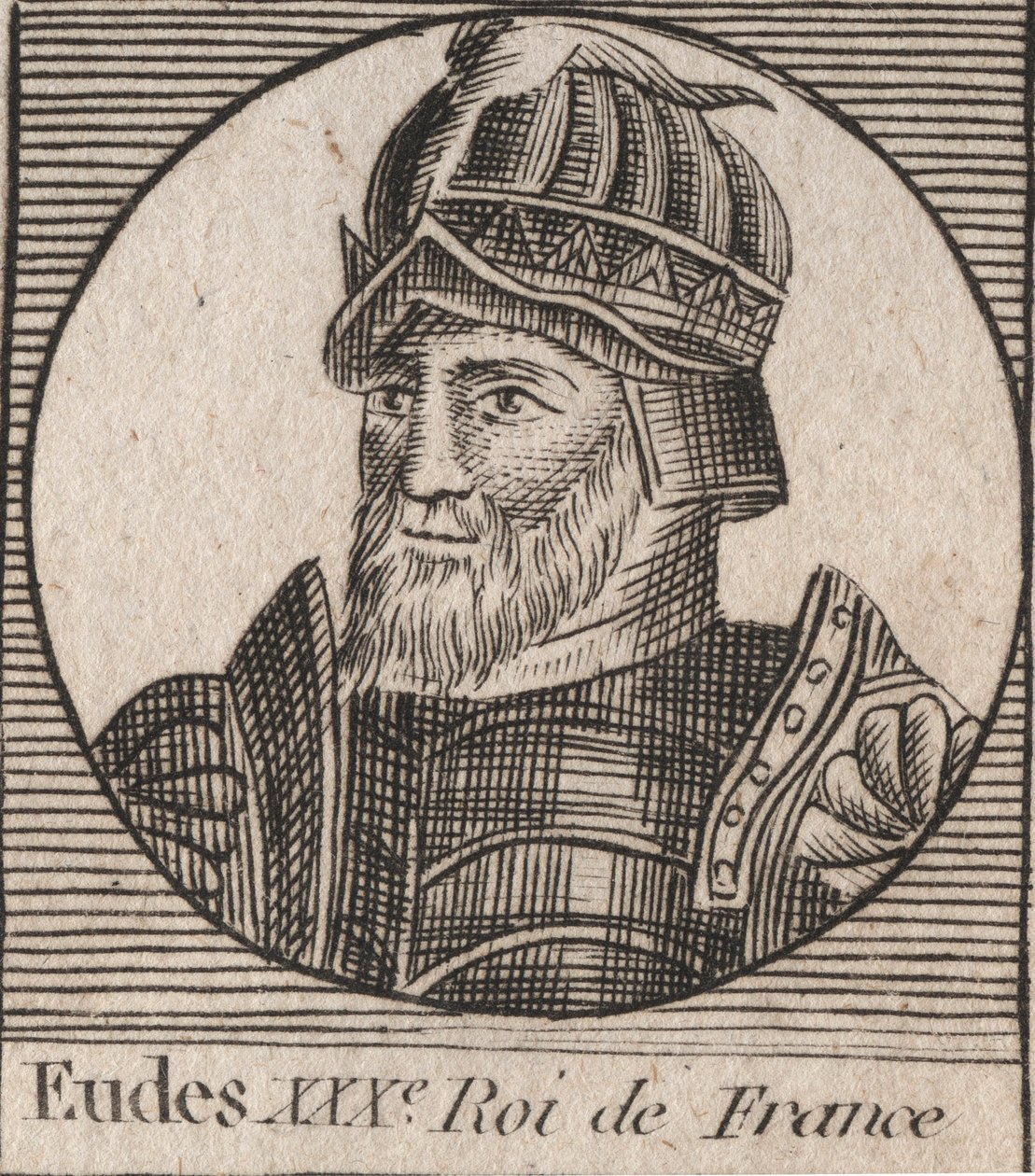 Portrét Eudes (Odona) (v. 860 - 898), hraběte z Paříže a Troyes, tehdejšího krále Francie - hrabě EUDES z Paříže zvolený na francouzský trůn po sesazení Karla císaře - rytina z „Instruction sur l