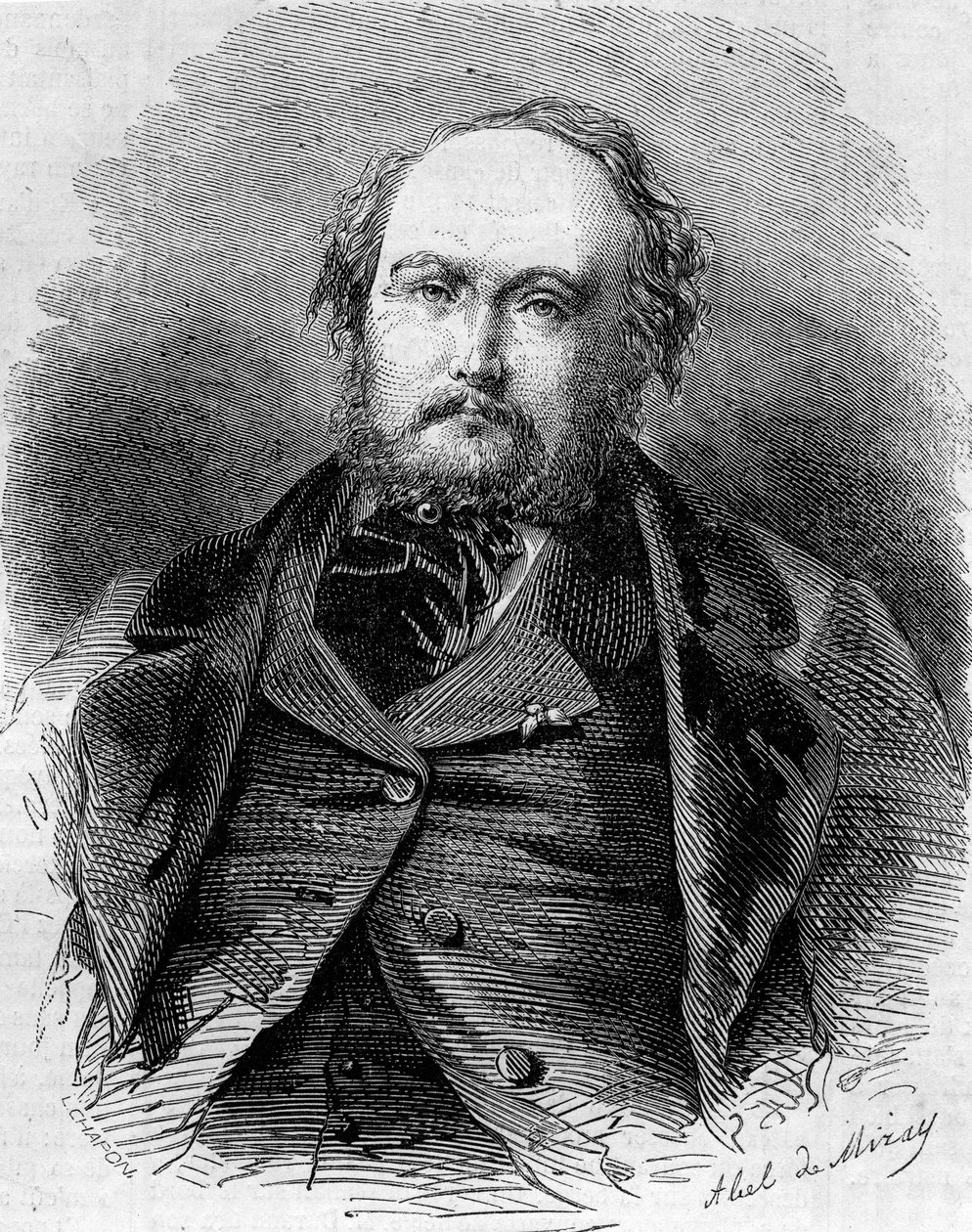 Portrét Eugena Guinota (1812-1861), francouzského novináře, prozaika a dramatika. Také známý jako Pierre Durand a Paul Vermond. Rytina v „“ Le Monde Illustré““ n¡202 z 23. února 1861. od Unknown artist
