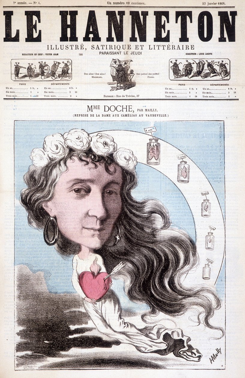 Portrét Eugénie Doche hrající v přebalu v divadle Vaudeville „La Dame aux Camélias“, kterou napsal Alexandre Dumas (syn) v roce 1852. V Le Hanneton, 23. ledna od Unknown artist