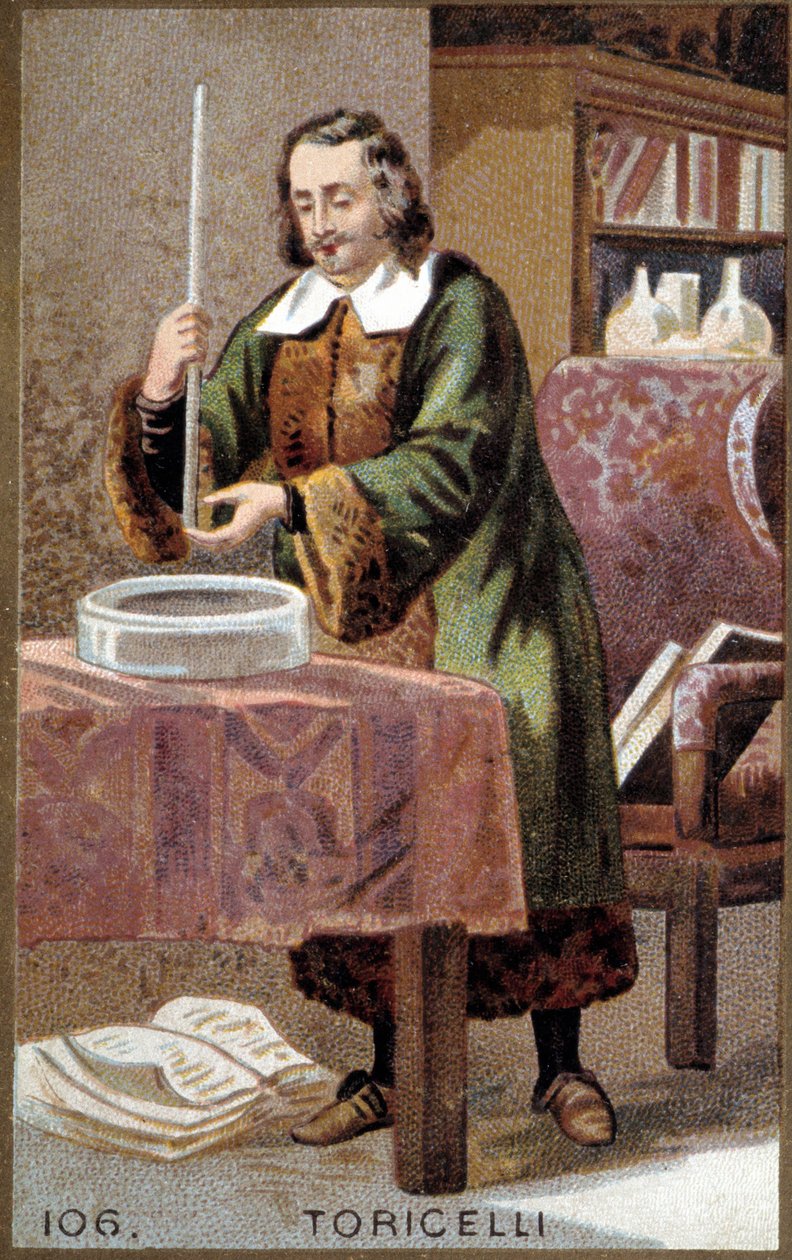 Portrét Evangelisty Torricelliho nebo Toricelliho (1608-1647), italského fyzika, s jeho vynálezem: Barometr (rtuťová trubice). od Unknown artist