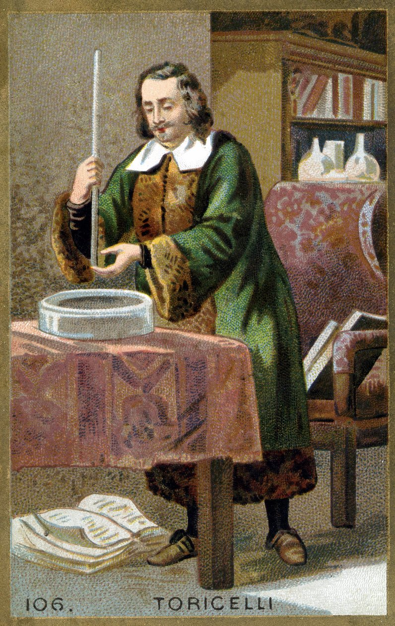 Portrét Evangelisty Torricelliho nebo Toricelliho (1608 - 1647), italského fyzika s jeho vynálezem Barometr (rtuťová trubice). Chromolitografie 19. století. od Unknown artist