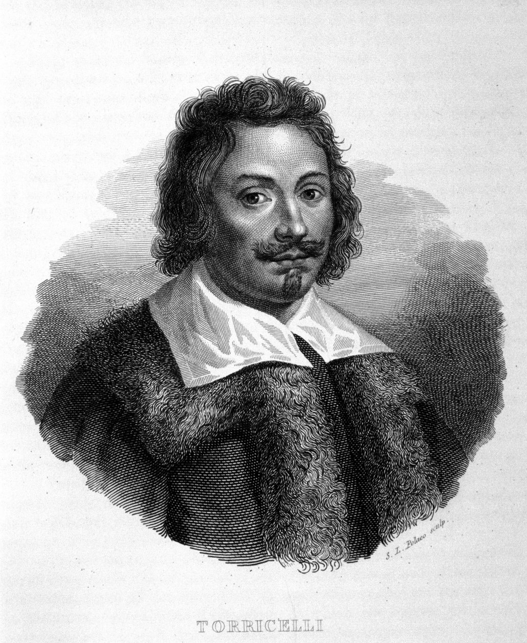 Portrét Evangelisty Torricelliho nebo Toricelliho (1608 - 1647), italského fyzika. Italská rytina 19. století od Unknown artist